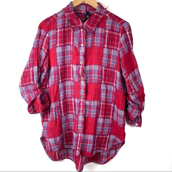7 For All Mankind Red Flannel Color-block Shirt Size Medium - Picture 1 of 9